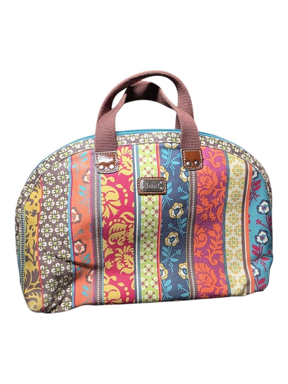 VTG Fossil Patchwork Striped Canvas Triple Compartment Satchel Bag Boho